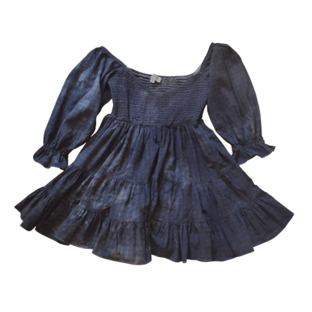 Mable Mini Tiered Dress Women Medium‎ Blue Tie Dye Smoked Balloon 3/4 Sleeves